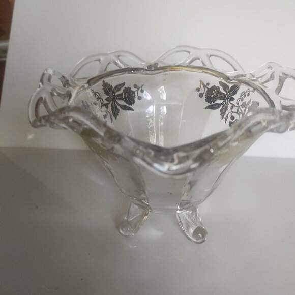 Vintage Imperial Glass Candy Bowl with Silver Floral overlay 7" diameter - Picture 2 of 6